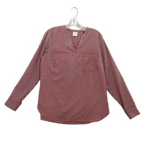 Cabi Striped Blouse Franklin Long Sleeve Pockets‎ Red White Blue Top Sz M